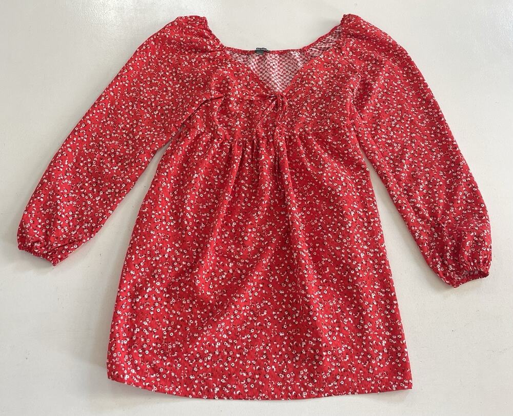 Wild Fable Sz Small Floral Babydoll Dress Red Long Sleeve Smocked Mini Pockets